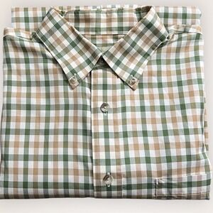 Cabela's Outfitter Green‎ Tan Checked Large Mens Short Sleeve Tall Button Up